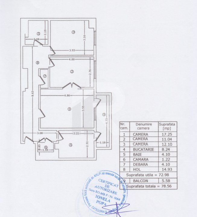 3 camere 78,56mp, etaj 1, comision 0%, imobil 1980, decomandat, vedere spate