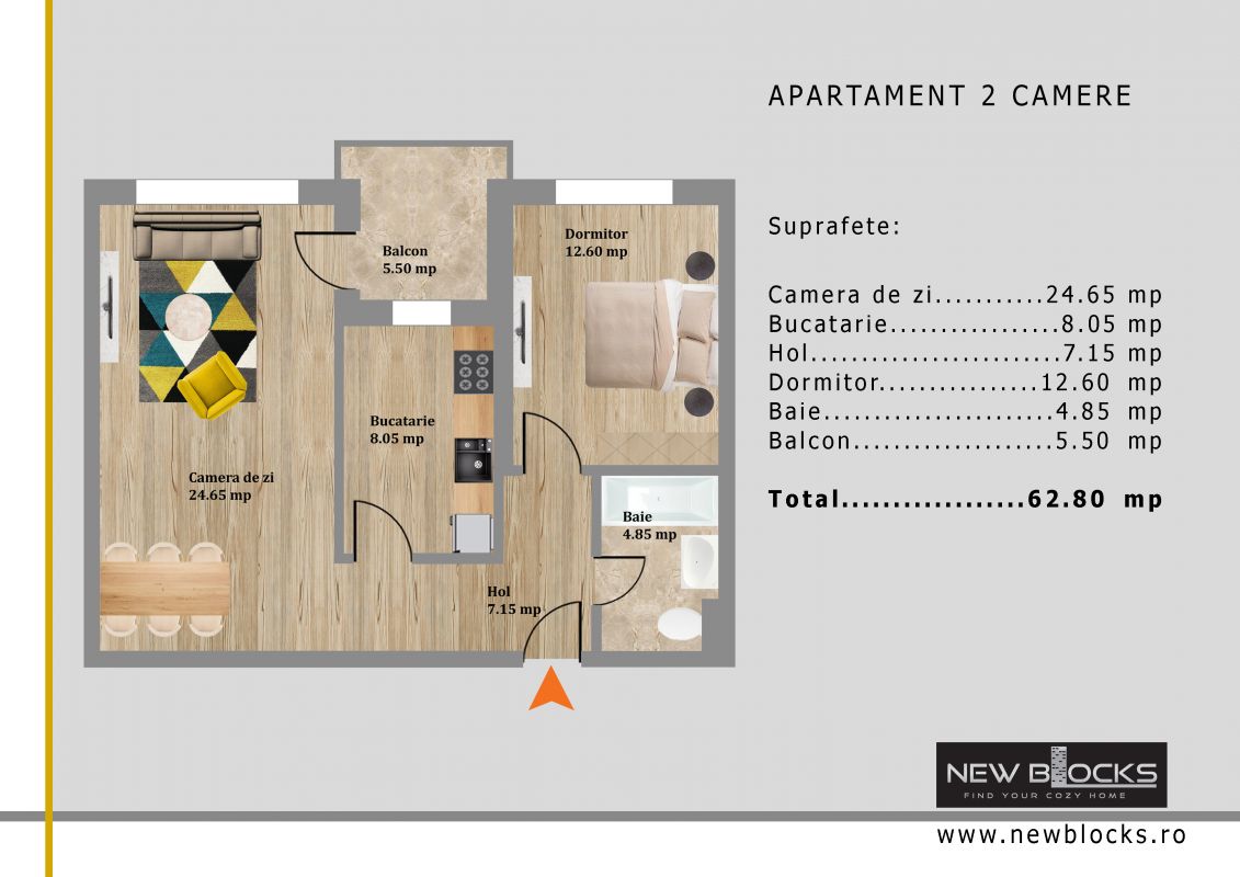 Apartament 2 camere bloc nou